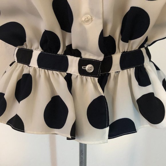 WHITE & BLUE POLKA DOT RUFFLE NECK SLEEVELESS SHIRT - ALICE RITTER BROOKLYN - Picture 3 of 7